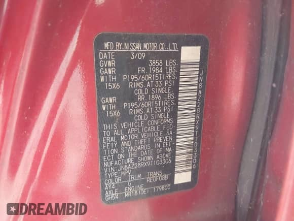 2009 Nissan Cube 1.8 Base with VIN JN8AZ28RX9T103306, listed as a IAAI auction lot 43554943 with 258,169 mi miles and . Bid and sale history available at DreamBid. Image 9.