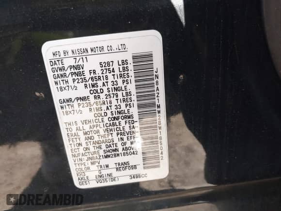 2011 Nissan Murano SV z VIN JN8AZ1MW2BW185042, wystawiony jako IAAI lot #41996661 z przebiegiem 226 865 mil mil oraz . Historia ofert i sprzedaży dostępna na DreamBid. Obrazek 9.