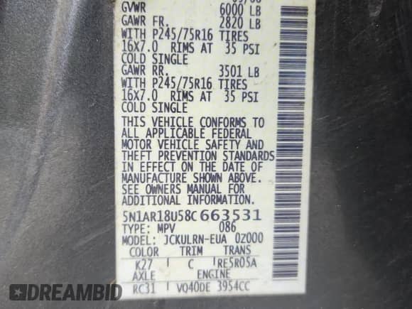 2008 Nissan Pathfinder SE with VIN 5N1AR18U58C663531, listed as a Copart auction lot 81325155 with 188,521 mi miles and Salvage title. Bid and sale history available at DreamBid. Image 13.