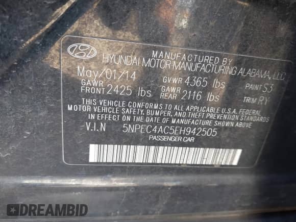 2014 Hyundai Sonata Limited with VIN 5NPEC4AC5EH942505, listed as a IAAI auction lot 42855333 with 207,489 mi miles and . Bid and sale history available at DreamBid. Image 9.