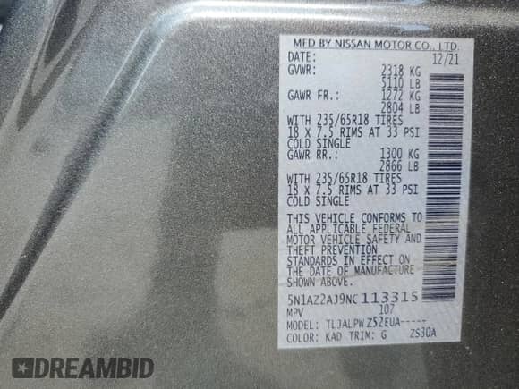 2022 Nissan Murano S with VIN 5N1AZ2AJ9NC113315, listed as a Copart auction lot 66933305 with 26,979 mi miles and Non repairable. Bid and sale history available at DreamBid. Image 14.