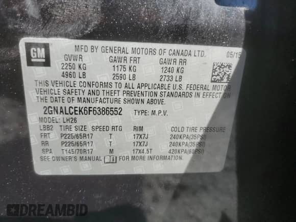 2015 Chevrolet Equinox LT with VIN 2GNALCEK6F6386552, listed as a Copart auction lot 89468715 with 105,935 mi miles and Non repairable. Bid and sale history available at DreamBid. Image 14.