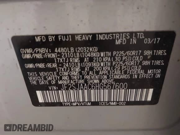 2017 Subaru Forester with VIN JF2SJAAC6HG567600, listed as a IAAI auction lot 42954798 with 120,201 mi miles and . Bid and sale history available at DreamBid. Image 9.