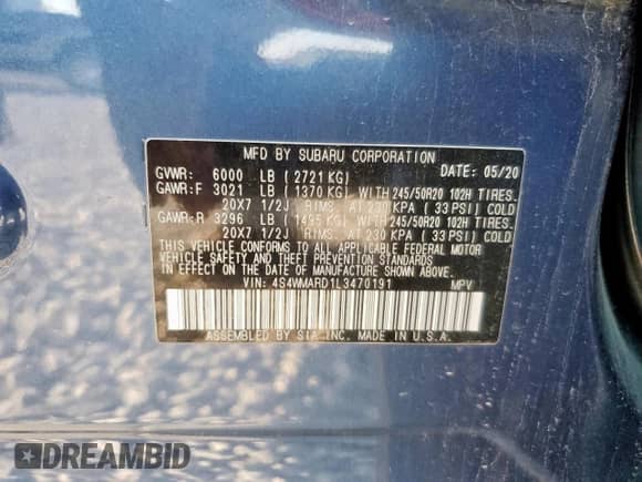 2020 Subaru Ascent Touring with VIN 4S4WMARD1L3470191, listed as a Copart auction lot 84772745 with 99,510 mi miles and Salvage title. Bid and sale history available at DreamBid. Image 13.
