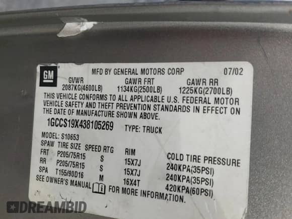 2003 Chevrolet S-10 Fleet z VIN 1GCCS19X438105269, wystawiony jako Copart lot #81294134 z przebiegiem 205 523 mil mil oraz Szkoda całkowita • Salvage title. Historia ofert i sprzedaży dostępna na DreamBid. Obrazek 12.