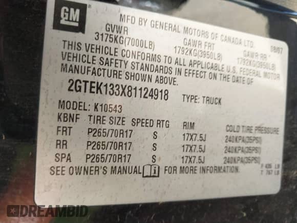 2008 GMC Sierra 1500 Work Truck with VIN 2GTEK133X81124918, listed as a IAAI auction lot 43109130 with 171,187 mi miles and . Bid and sale history available at DreamBid. Image 9.