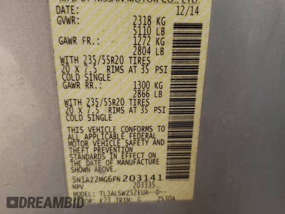 2015 Nissan Murano SL with VIN 5N1AZ2MG6FN203141, listed as a Copart auction lot 64633414 with 120,559 mi miles and Non repairable. Bid and sale history available at DreamBid. Image 13.