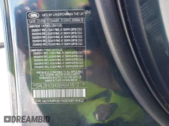 2006 Land Rover Range Rover Sport SC with VIN SALSH23456A941872, listed as a IAAI auction lot 42583488 with 191,600 mi miles and . Bid and sale history available at DreamBid. Image 9.