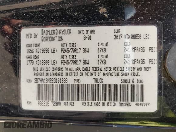 2002 Dodge 1500 with VIN 3B7HA18N22G101688, listed as a IAAI auction lot 41894052 with 229,060 mi miles and . Bid and sale history available at DreamBid. Image 9.
