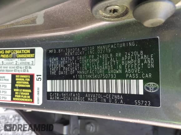 2019 Toyota Camry SE z VIN 4T1B11HK5KU750793, wystawiony jako IAAI lot #43209555 z przebiegiem 144 832 mil mil oraz . Historia ofert i sprzedaży dostępna na DreamBid. Obrazek 9.