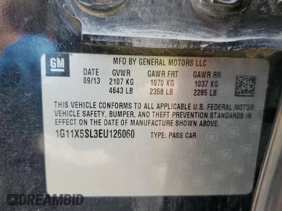 2014 Chevrolet Impala LS with VIN 1G11X5SL3EU126060, listed as a Copart auction lot 61964875 with 195,695 mi miles and Salvage title. Bid and sale history available at DreamBid. Image 12.