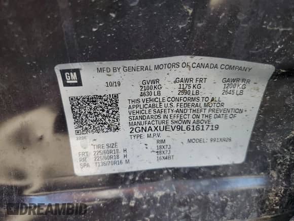 2020 Chevrolet Equinox LT with VIN 2GNAXUEV9L6161719, listed as a Copart auction lot 84024735 with Not provided miles and Salvage title. Bid and sale history available at DreamBid. Image 13.