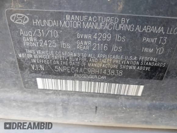 2011 Hyundai Sonata Limited с VIN 5NPEC4AC9BH143838, выставлен на аукционе IAAI как лот 37741347 с пробегом Не указан миль и . История ставок и продаж доступна на DreamBid. Изображение 9.