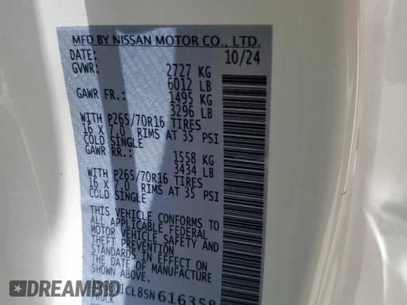 2025 Nissan Frontier S с VIN 1N6ED1CL8SN616358, выставлен на аукционе Copart как лот 61939975 с пробегом 2 418 миль миль и Списание • Salvage title. История ставок и продаж доступна на DreamBid. Изображение 12.