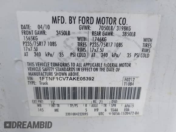2010 Ford F-150 XL with VIN 1FTNF1CV7AKE05392, listed as a IAAI auction lot 42422998 with 147,274 mi miles and . Bid and sale history available at DreamBid. Image 9.