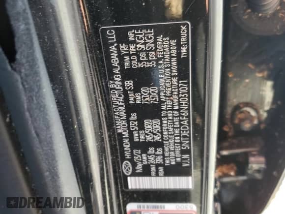 2022 Hyundai Santa Cruz Limited with VIN 5NTJEDAF6NH031071, listed as a Copart auction lot 72801994 with 85,814 mi miles and Salvage title. Bid and sale history available at DreamBid. Image 13.