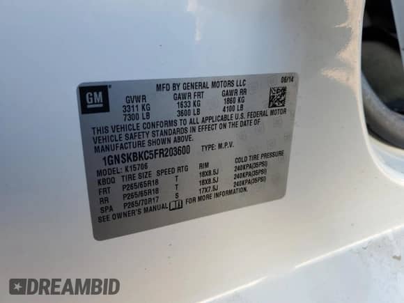 2015 Chevrolet Tahoe LT с VIN 1GNSKBKC5FR203600, выставлен на аукционе Copart как лот 61505325 с пробегом 82 579 миль миль и Списание • Salvage title. История ставок и продаж доступна на DreamBid. Изображение 12.