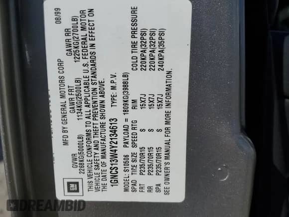 2000 Chevrolet Blazer LS z VIN 1GNCS13W4Y2134613, wystawiony jako Copart lot #41840365 z przebiegiem Nie podano mil oraz Szkoda całkowita • Salvage title. Historia ofert i sprzedaży dostępna na DreamBid. Obrazek 13.