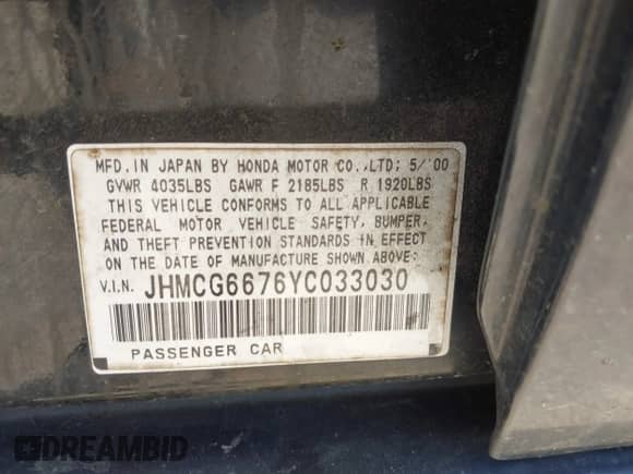 2000 Honda Accord EX с VIN JHMCG6676YC033030, выставлен на аукционе IAAI как лот 42746527 с пробегом 229 972 миль миль и . История ставок и продаж доступна на DreamBid. Изображение 9.