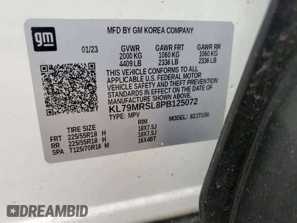 2023 Chevrolet TrailBlazer LT с VIN KL79MRSL8PB125072, выставлен на аукционе Copart как лот 55438255 с пробегом 27 916 миль миль и На запчасти • Non repairable. История ставок и продаж доступна на DreamBid. Изображение 12.
