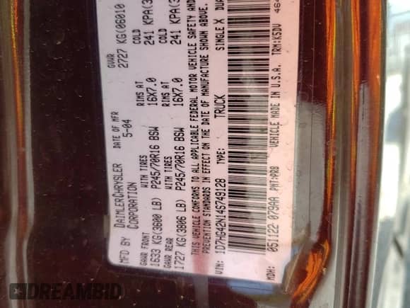 2004 Dodge Dakota SLT z VIN 1D7HG42N14S749128, wystawiony jako Copart lot #60733654 z przebiegiem 101 249 mil mil oraz Szkoda całkowita • Salvage title. Historia ofert i sprzedaży dostępna na DreamBid. Obrazek 12.