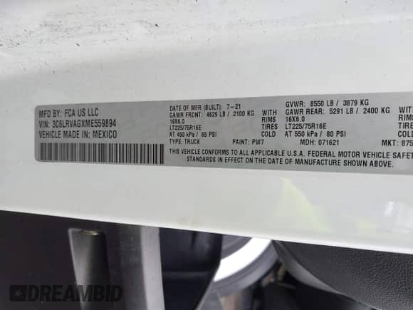 2021 Ram ProMaster Cargo with VIN 3C6LRVAGXME559894, listed as a IAAI auction lot 41709783 with 94,750 mi miles and . Bid and sale history available at DreamBid. Image 9.
