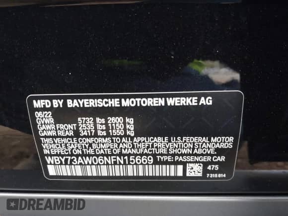 2022 BMW i4 eDrive40 with VIN WBY73AW06NFN15669, listed as a IAAI auction lot 43364913 with 29,451 mi miles and . Bid and sale history available at DreamBid. Image 9.