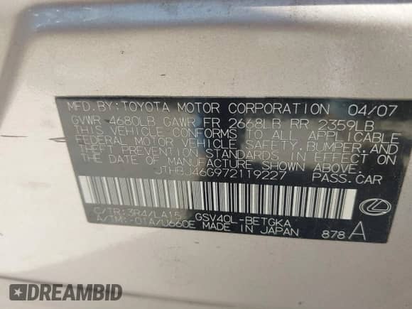 2007 Lexus ES 330 с VIN JTHBJ46G972119227, выставлен на аукционе IAAI как лот 43391139 с пробегом 158 410 миль миль и . История ставок и продаж доступна на DreamBid. Изображение 9.