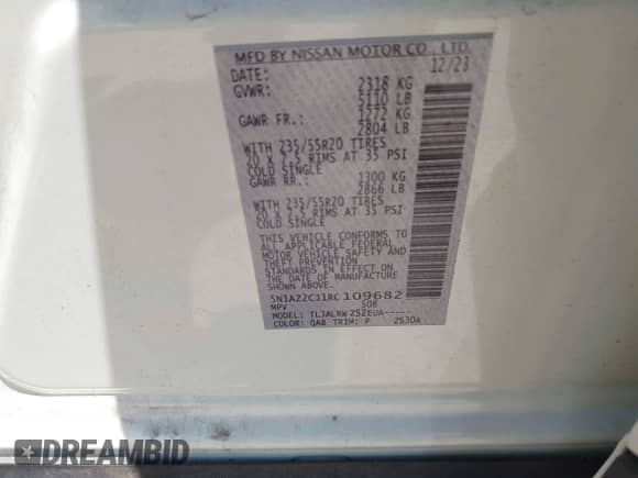 2024 Nissan Murano SL z VIN 5N1AZ2CJ1RC109682, wystawiony jako IAAI lot #42696525 z przebiegiem 12 845 mil mil oraz . Historia ofert i sprzedaży dostępna na DreamBid. Obrazek 9.