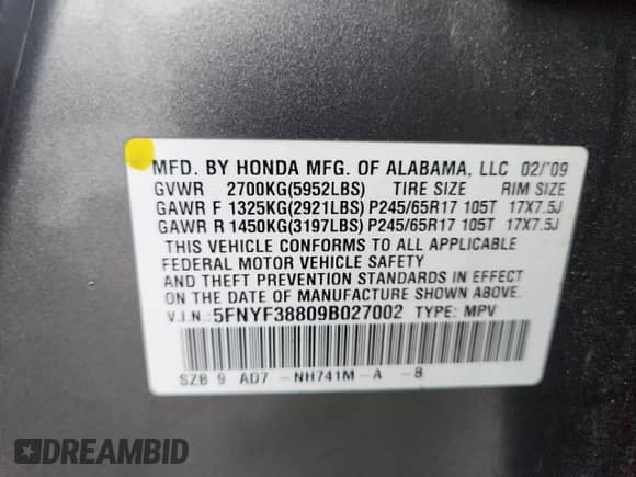 2009 Honda Pilot Touring with VIN 5FNYF38809B027002, listed as a Copart auction lot 80465055 with 90,269 mi miles and Salvage title. Bid and sale history available at DreamBid. Image 12.