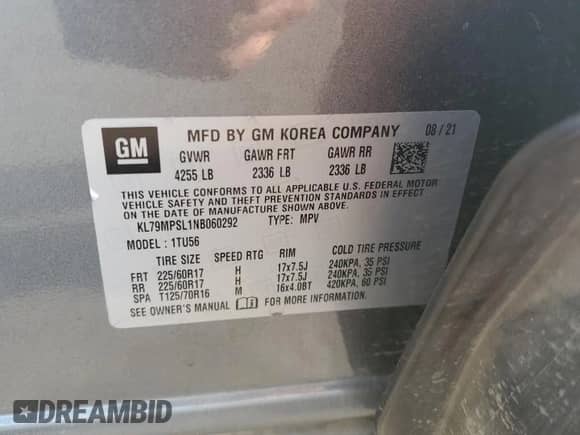 2022 Chevrolet TrailBlazer LT z VIN KL79MPSL1NB060292, wystawiony jako Copart lot #68784225 z przebiegiem 123 428 mil mil oraz Szkoda całkowita • Salvage title. Historia ofert i sprzedaży dostępna na DreamBid. Obrazek 13.