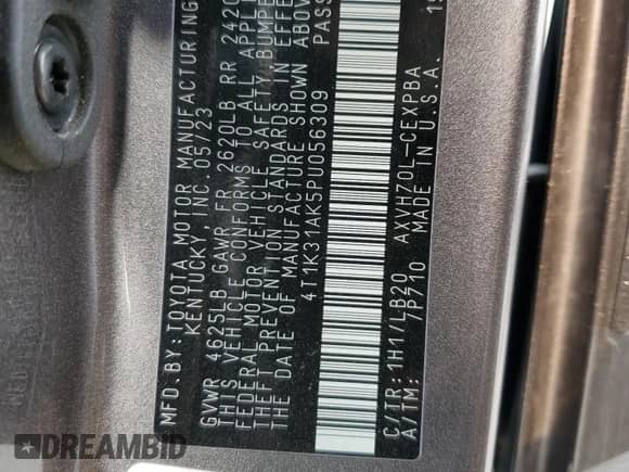 2023 Toyota Camry Hybrid XSE с VIN 4T1K31AK5PU056309, выставлен на аукционе Copart как лот 70047455 с пробегом 31 242 миль миль и Списание • Salvage title. История ставок и продаж доступна на DreamBid. Изображение 12.