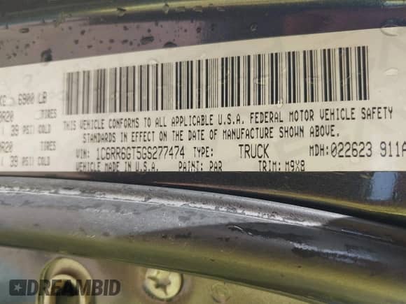 2016 Ram 1500 Big Horn with VIN 1C6RR6GT5GS277474, listed as a IAAI auction lot 42516264 with 176,152 mi miles and . Bid and sale history available at DreamBid. Image 9.