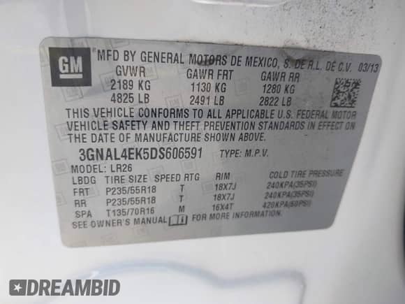 2013 Chevrolet Captiva Sport LTZ с VIN 3GNAL4EK5DS606591, выставлен на аукционе IAAI как лот 43387323 с пробегом 104 987 миль миль и . История ставок и продаж доступна на DreamBid. Изображение 9.