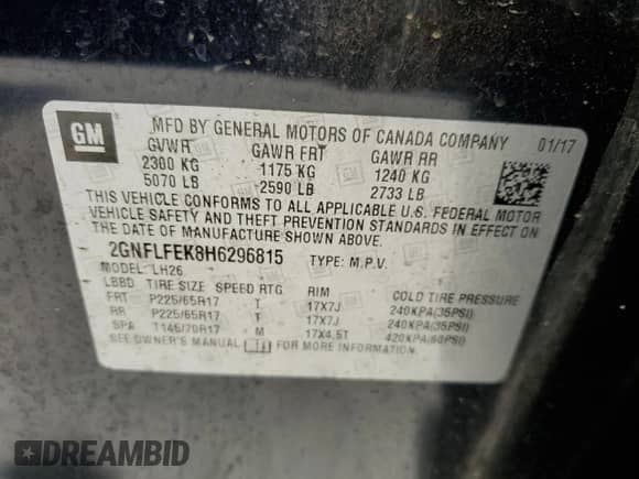 2017 Chevrolet Equinox LT with VIN 2GNFLFEK8H6296815, listed as a Copart auction lot 66002575 with 115,676 mi miles and Salvage title. Bid and sale history available at DreamBid. Image 13.