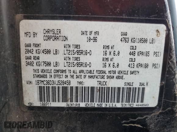 1997 Dodge RAM with VIN 1B7MC36D3VJ528458, listed as a Copart auction lot 86628954 with 261,318 mi miles and Salvage title. Bid and sale history available at DreamBid. Image 12.