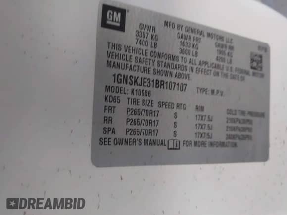 2011 Chevrolet Suburban LT с VIN 1GNSKJE31BR107107, выставлен на аукционе IAAI как лот 42753463 с пробегом 190 129 миль миль и . История ставок и продаж доступна на DreamBid. Изображение 9.