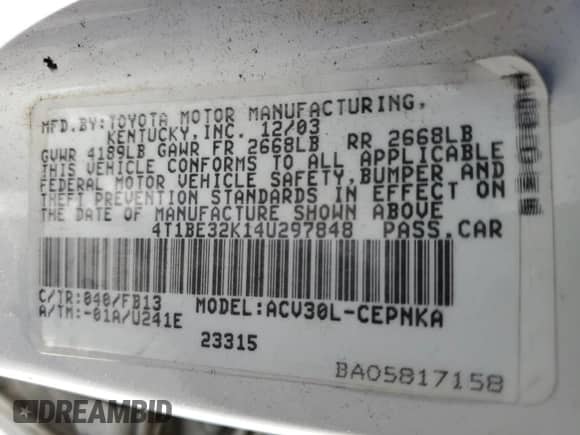 2004 Toyota Camry LE с VIN 4T1BE32K14U297848, выставлен на аукционе Copart как лот 85383705 с пробегом 147 414 миль миль и Чистый • Clean title. История ставок и продаж доступна на DreamBid. Изображение 12.