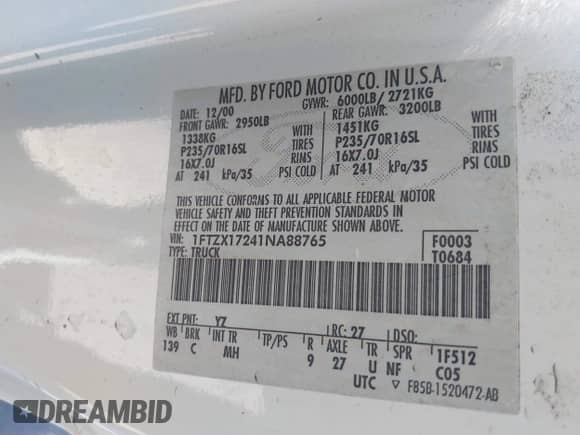 2001 Ford F-150 XL с VIN 1FTZX17241NA88765, выставлен на аукционе IAAI как лот 42904011 с пробегом Не указан миль и . История ставок и продаж доступна на DreamBid. Изображение 9.