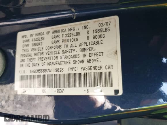 2007 Honda Accord EX-L with VIN 1HGCM56897A119828, listed as a IAAI auction lot 43487424 with 209,037 mi miles and . Bid and sale history available at DreamBid. Image 9.