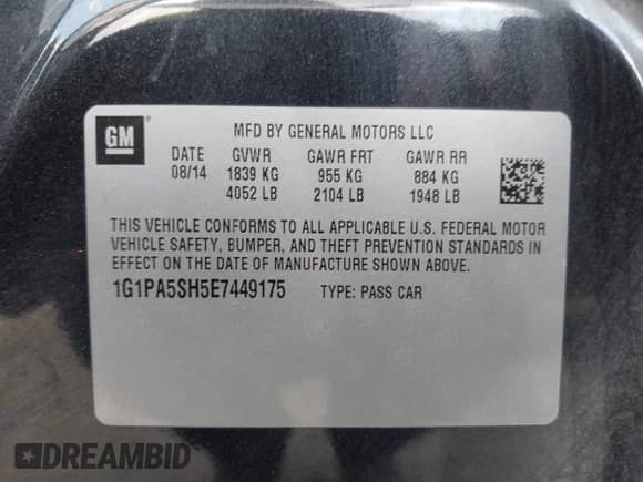 2014 Chevrolet Cruze LS with VIN 1G1PA5SH5E7449175, listed as a IAAI auction lot 43255812 with 93,616 mi miles and . Bid and sale history available at DreamBid. Image 9.