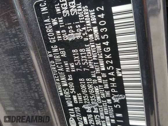 2019 Kia Sorento EX Sport with VIN 5XYPH4A52KG453042, listed as a Copart auction lot 55679945 with 75,269 mi miles and Salvage title. Bid and sale history available at DreamBid. Image 14.