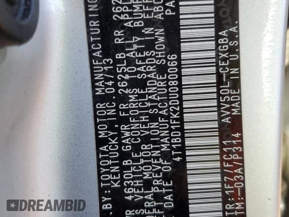 2013 Toyota Camry LE with VIN 4T1BD1FK2DU080066, listed as a Copart auction lot 81267525 with 114,151 mi miles and Salvage title. Bid and sale history available at DreamBid. Image 12.