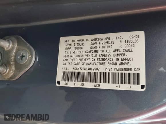 2006 Honda Accord EX-L с VIN 1HGCM72646A012507, выставлен на аукционе IAAI как лот 42548285 с пробегом 194 284 миль миль и . История ставок и продаж доступна на DreamBid. Изображение 9.