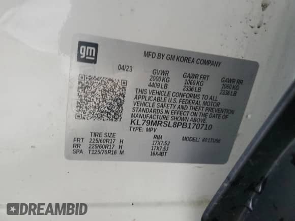 2023 Chevrolet TrailBlazer LT с VIN KL79MRSL8PB170710, выставлен на аукционе Copart как лот 67584135 с пробегом 23 755 миль миль и Списание • Salvage title. История ставок и продаж доступна на DreamBid. Изображение 13.