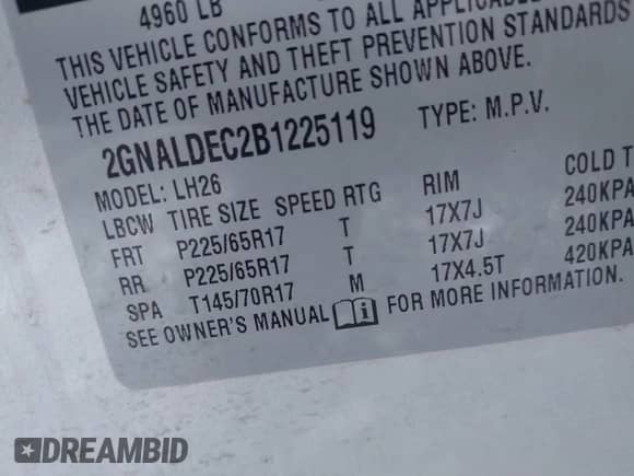 2011 Chevrolet Equinox 1LT with VIN 2GNALDEC2B1225119, listed as a IAAI auction lot 43206305 with Not provided miles and . Bid and sale history available at DreamBid. Image 9.