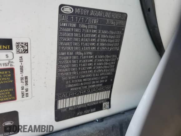 2018 Land Rover Discovery HSE with VIN SALRR2RK9JA048288, listed as a Copart auction lot 52105725 with 88,340 mi miles and Clean title. Bid and sale history available at DreamBid. Image 12.