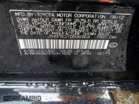 2013 Lexus IS 250 z VIN JTHCF5C21D5060804, wystawiony jako Copart lot #67071515 z przebiegiem 198 653 mil mil oraz Szkoda całkowita • Salvage title. Historia ofert i sprzedaży dostępna na DreamBid. Obrazek 12.