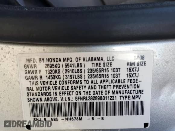 2009 Honda Odyssey LX с VIN 5FNRL38289B011221, выставлен на аукционе Copart как лот 69606165 с пробегом Не указан миль и Списание • Salvage title. История ставок и продаж доступна на DreamBid. Изображение 14.