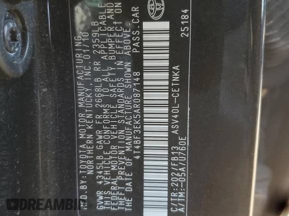 2010 Toyota Camry LE с VIN 4T4BF3EK5AR087148, выставлен на аукционе Copart как лот 85102705 с пробегом 142 240 миль миль и Списание • Salvage title. История ставок и продаж доступна на DreamBid. Изображение 12.